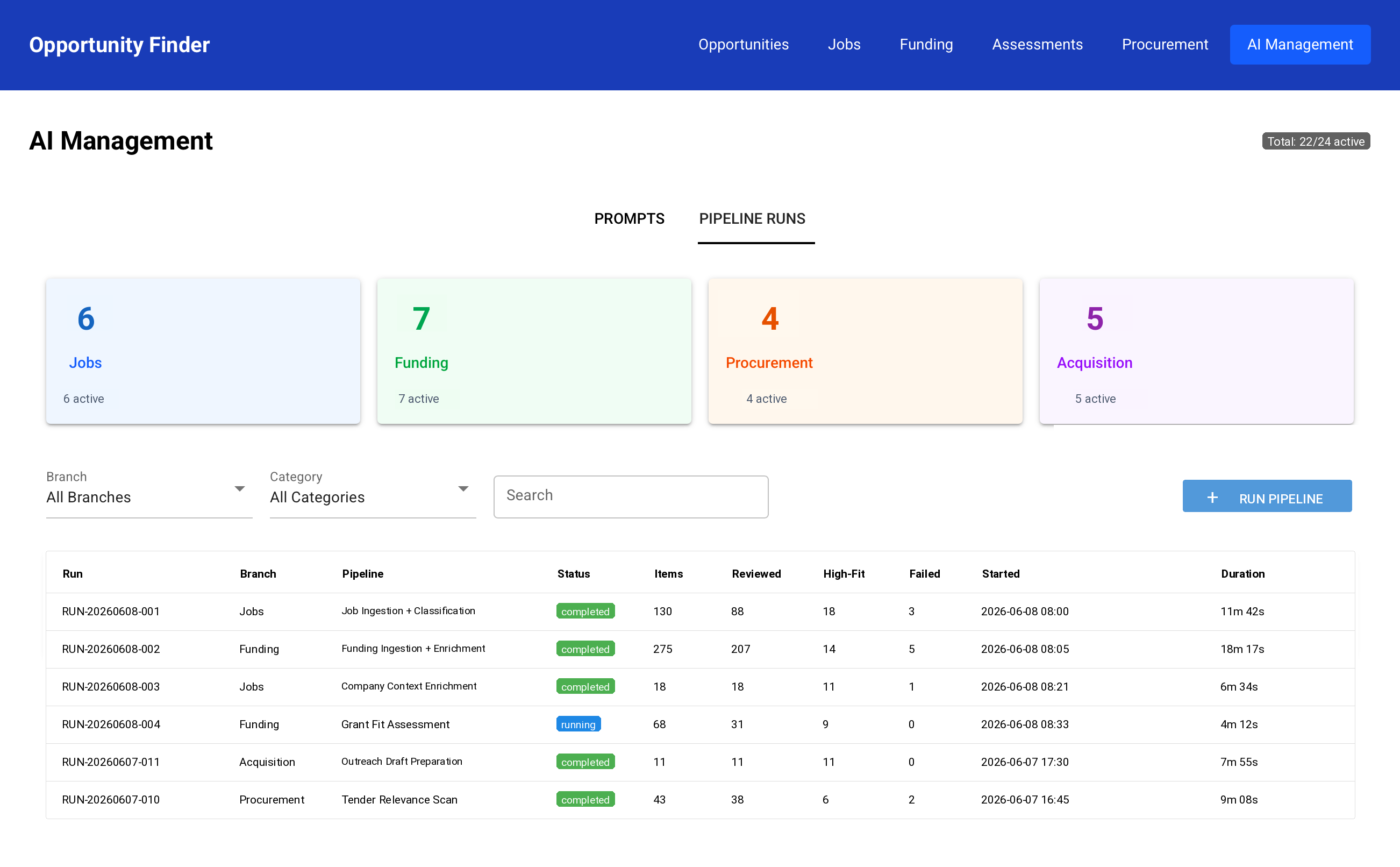 Opportunity Finder — AI management pipeline runs